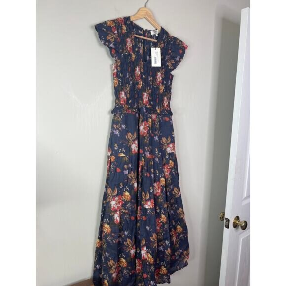 NWT Sea New York Floral Ines Flutter Sleeve Smocked Ruffled Midi Dress Navy - Picture 3 of 8